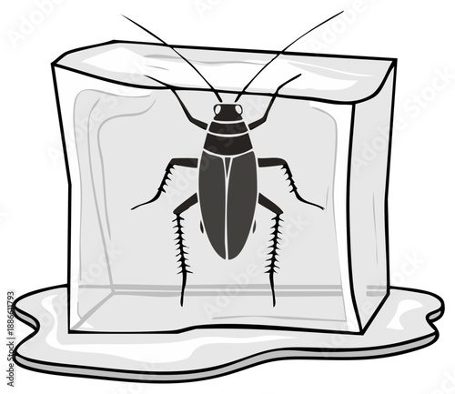 Frozen insect in ice cube vector illustration cartoon style drawing, trapped cockroach, insect preserved in melting water
