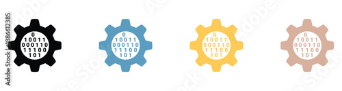 Digital gear icon with binary code representing software development and technological settings