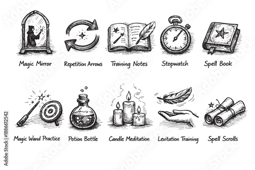 Collection of hand-drawn magical icons including potion, mirror, spellbook, wand, scrolls and more for witchcraft design.