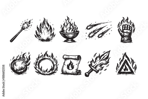 A set of ten hand-drawn black fire elements in various shapes, including flames, a torch, meteorites, and a flaming sword, all rendered in a sketch style.