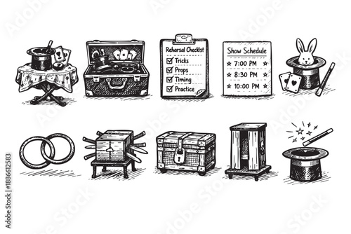 Black and white illustration of magician's show preparation, rehearsal checklist, trunk with props, schedules and magic items for entertainment.