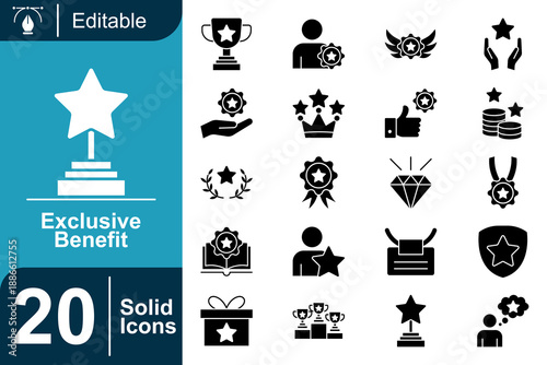 Exclusive benefit icons a collection of solid icons representing awards, achievements, success, and recognition