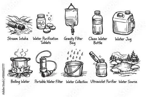 Black and white line art illustrations of various water purification methods, ideal for educational or survival guides, emphasizing different techniques.