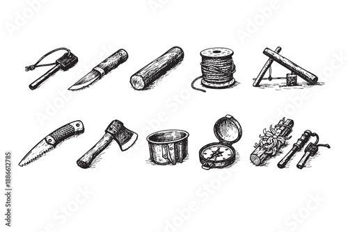 A black and white vector illustration of bushcraft tools including knife, compass, axe, and fire starter, suitable for camping, survival or adventure design projects.