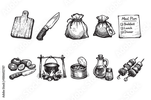 A hand-drawn illustration shows a meal plan and various ingredients used in camping meals, creating a nostalgic and rustic atmosphere.