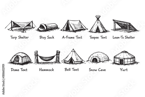 This image shows various camping shelters illustrated in black ink on a white background, perfect for outdoor, survivalist or informational materials.