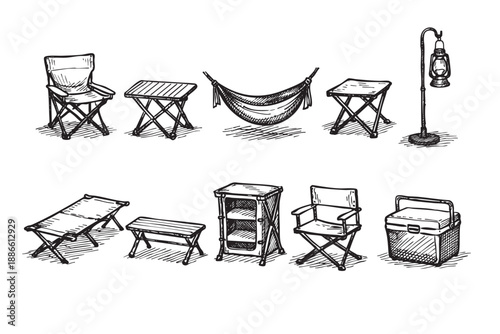 Hand-drawn style vector illustration of camping equipment, depicting chairs, tables, a hammock, a cooler, and a lantern, useful for outdoor adventure themes.