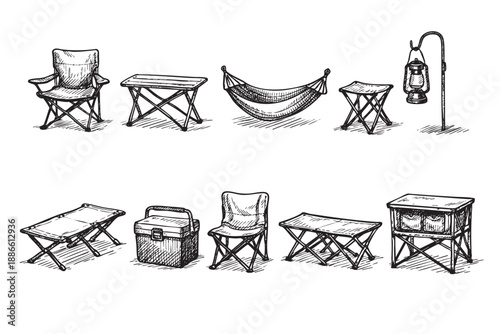 Line drawing of camping equipment, including folding chairs, tables, hammock, cooler, and lantern, providing a vintage adventure and outdoor recreation concept.