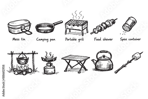 Black and white sketches showcase various camping items like a grill, food skewer, kettle, and more, creating a rustic and adventurous mood ideal for travel-themed content.