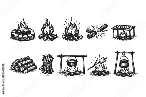 Black and white line art illustrations showcase campfires with cooking pots, marshmallows, wood, and grilling, evoking adventure and culinary delight.