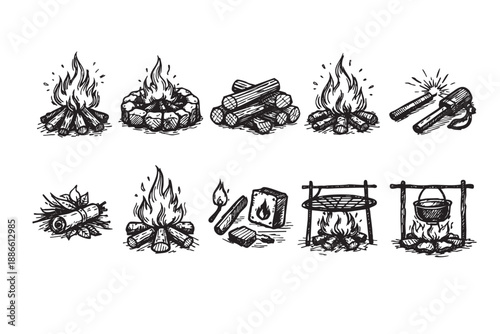 A collection of hand drawn campfires, log piles, matches, grills, and pots, perfect for camping, outdoors, and adventure-themed illustrations and designs with a rustic and vintage feel.