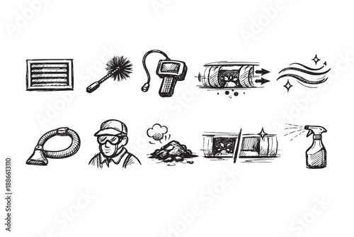 Illustration shows an air duct cleaning icon set, showcasing tools, vents, cleaner, inspection, and clean air, conveying a message of home maintenance.