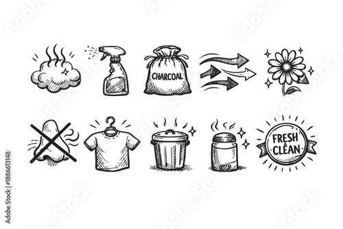 A hand-drawn style illustration showcasing different odor removal methods and fresh scent concepts, suitable for cleaning product advertisements and hygiene-related campaigns.