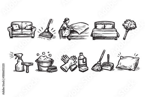 Collection of hand-drawn style cleaning icons including furniture, cleaning supplies, and a person making a bed, suitable for a website or cleaning service flyer.