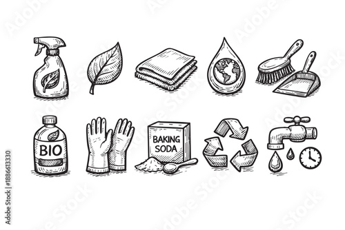 Collection of hand-drawn eco-friendly cleaning supplies, including spray bottle, gloves, baking soda, and recycle symbol, creating a concept of green cleaning practices.