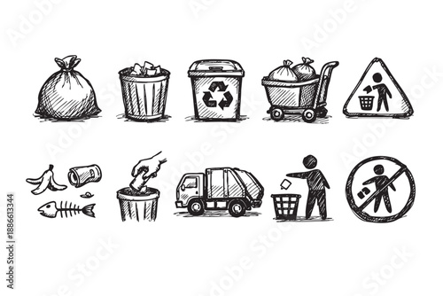 Vector drawing of various waste and recycling icons, including garbage cans, recycling bins, a trash truck, littering icons, and food waste, illustrating waste management.