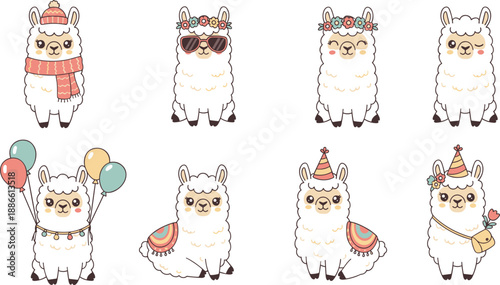 Cute Llama Character Illustration Set Featuring Adorable Cartoon Alpacas with Accessories in Flat Vector Style