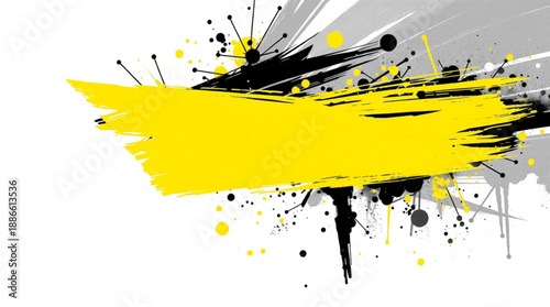 A dynamic black ink splatter with many small droplets radiating outwards on a clean white background.