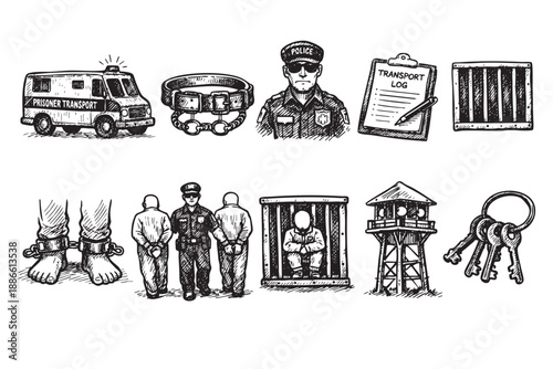 Black and white illustration featuring prisoner transport van, shackles, officer, logbook, cell, and guard tower, depicting various law enforcement and incarceration concepts.