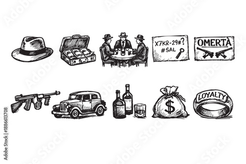 Collection of black and white sketched gangster themed icons isolated on a white backdrop, perfect for crime or vintage themes.