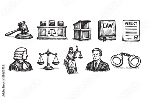 Hand drawn set of law and justice elements including scales, judge, gavel, handcuffs, and Lady Justice rendered in detailed black and white sketches.