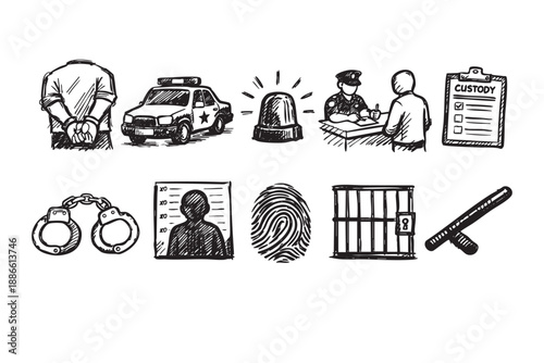 Hand-drawn illustration of various law enforcement elements including handcuffs, police car, custody papers, and jail cell, rendered in black ink on a white background.