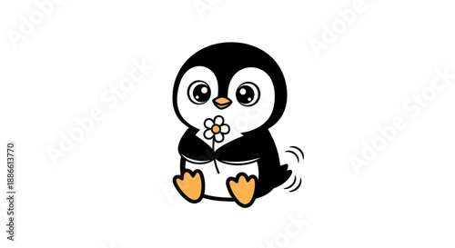 Cartoon penguin with flower on white