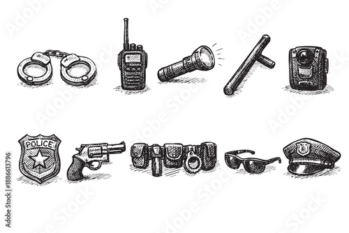 A hand-drawn sketch illustration depicts police officer equipment: handcuffs, radio, flashlight, baton, body cam, badge, gun, belt, sunglasses, and hat.