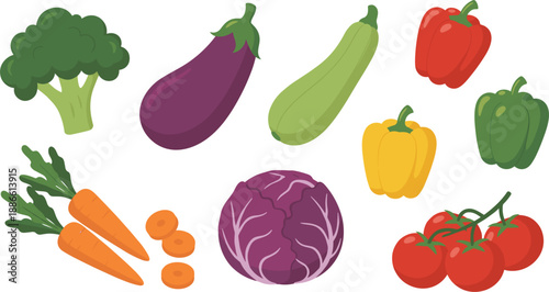 Fresh Garden Vegetables Illustration Set Featuring Broccoli, Eggplant, Zucchini, Peppers, Carrots, Cabbage, and Tomatoes in Flat Vector Style
