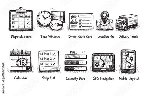 Hand-drawn black and white sketch depicting logistics and delivery operations, showcasing dispatch boards, GPS navigation, time windows, and stop lists for efficient workflow.