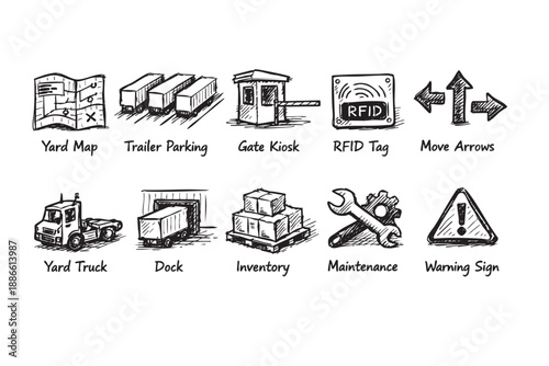 Hand-drawn sketch icons depicting various logistics elements, including yard map, trucks, RFID, inventory, maintenance and warning signs.