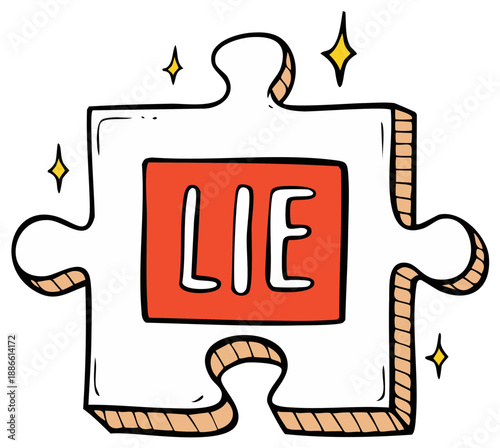 Puzzle piece with the word 'LIE' written in an orange rectangle and sparkling stars