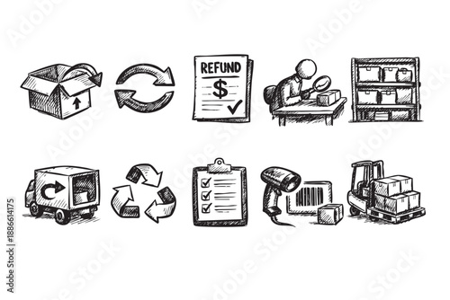 A set of hand-drawn sketch icons depicting various aspects of logistics, supply chain management, including delivery, returns, refunds, quality control, and warehousing.