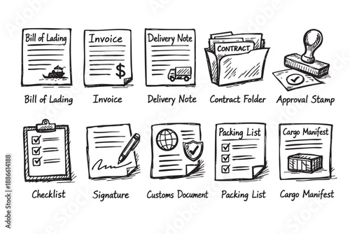 Hand-drawn sketches of documents like invoice, contract, checklist, bill of lading, and customs document depicting logistics and supply chain management processes.