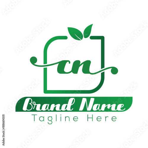 Green leaf logo with letters cn and brand name tagline here text vector leaves nature