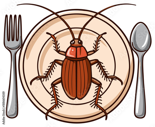 Cartoon cockroach served on a dinner plate with a fork and spoon