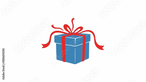 Blue gift box with red ribbon.