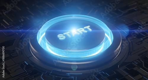 Close-up of a glowing blue circular 'START' button on a futuristic, metallic interface, symbolizing the beginning of a new project or journey.