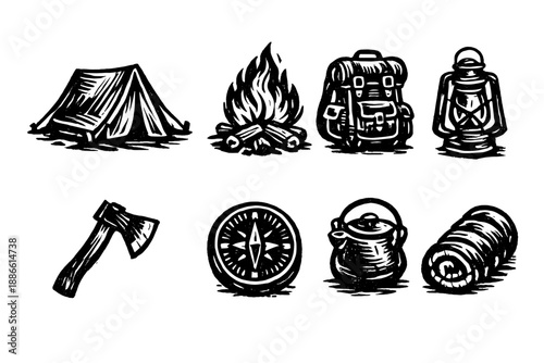 Camping and outdoor adventure icons in a woodcut style on a black background