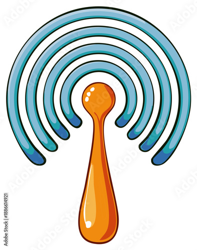 Abstract illustration of orange antenna with light blue radiating waves in cartoon style