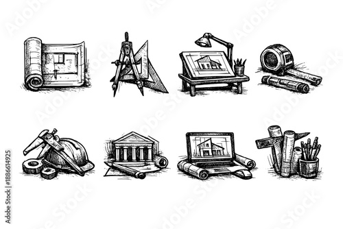 Architectural design and construction tools and blueprints collection