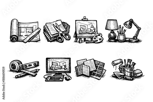 Set of hand-drawn icons representing interior design and home renovation tools and concepts