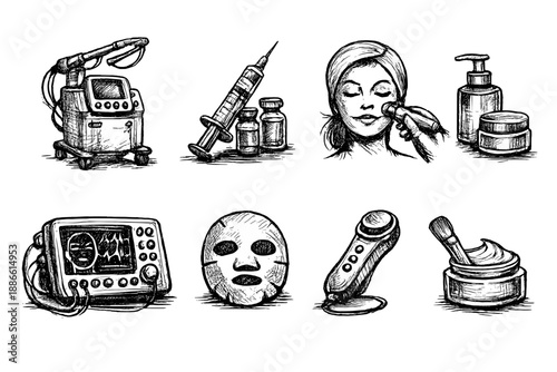 Collection of hand-drawn icons representing modern cosmetic and medical beauty treatments