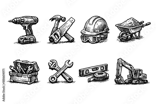 Collection of hand-drawn construction and DIY tools and equipment icons