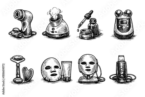 Collection of hand-drawn beauty and skincare devices for facial treatments