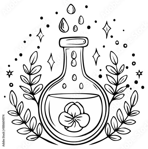 Whimsical Outline of a Potion Bottle with Flower and Leaves, Bubbles and Stars