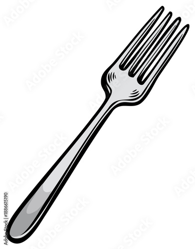 Graphic illustration of a gleaming metal dinner fork, a basic kitchen utensil for daily dining.