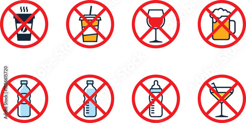 No Alcohol and No Drinking Prohibition Icon Set Featuring Red Crossed Beverage Symbols in Flat Vector Style