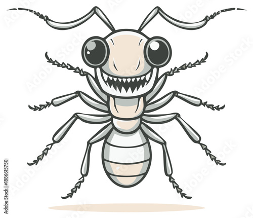 Cartoon termite illustration with a big grin and sharp teeth, ready to show teeth.