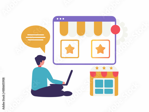 Person using laptop to view online store with shopfront illustration